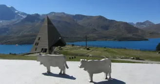 Vache en métal en premier plan avec la pyramide du Mont-Cenis en second plan et le lac au loin Vache en métal en premier plan avec la pyramide du Mont-Cenis en second plan et le lac au loin