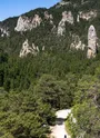 Vttiste sur le parcours  dans la foret avec au loin vue sur le monolithe de Sardières
